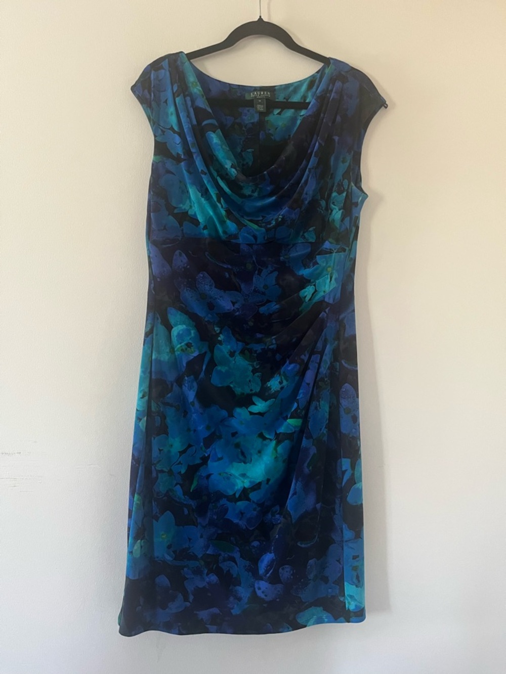 Lauren Ralph Lauren Blue Floral Midi Dress 14 Stretch Jersey Work Office Career